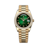 40mm 18k Yellow Gold President Baguette Diamond Bezel Green Roman Ombre