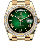 40mm 18k Yellow Gold President Baguette Diamond Bezel Green Roman Ombre
