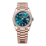 36mm 18k RG President Diamond Bezel Blue-Green Baguette Diamond Dial