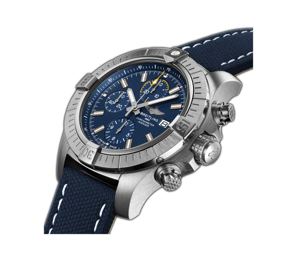 45mm Chronograph Steel Blue Dial Leather Strap on a Deployment Buckle