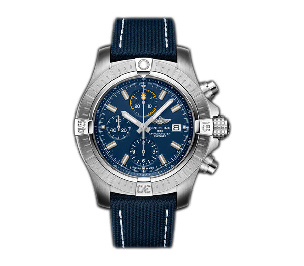 45mm Chronograph Steel Blue Dial Leather Strap on a Deployment Buckle