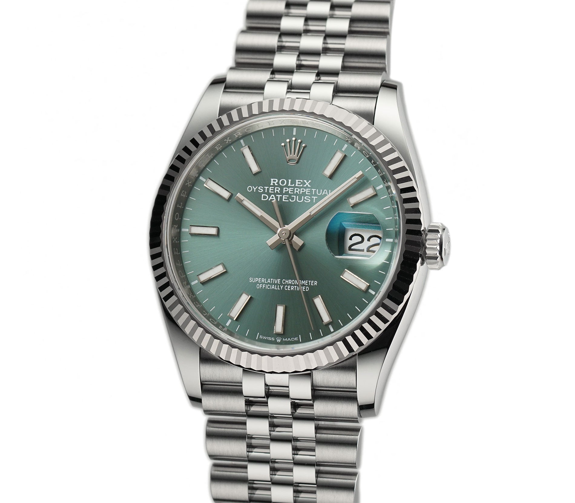 値下げインコルジェ　ダークグリーン 23.5 Rolex DJ 36 Steel Mint Green Index 18k Fluted Bezel Jubilee 126234