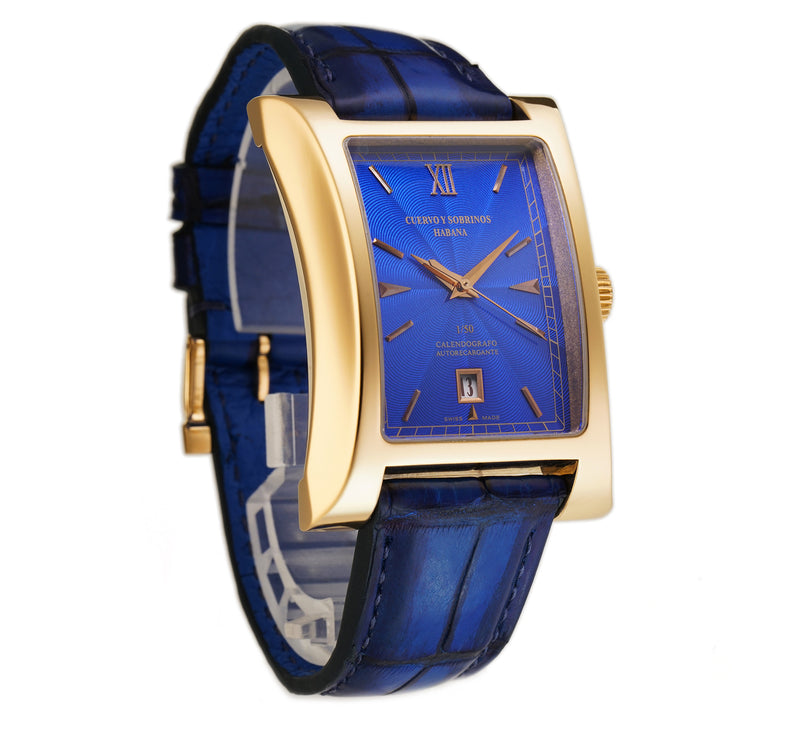 37mm Esplendidos 18k Yellow Gold Electric Blue Dial Limited Edition Humidifier Full Set 2009