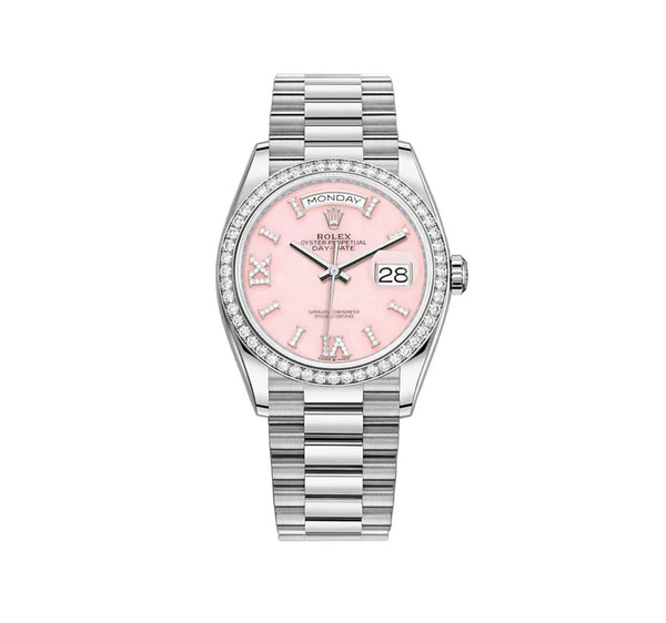 Rolex Day Date 36mm White Gold President Pink Opal Diamond Dial