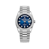36mm 18k White Gold President Diamond Bezel Blue Ombré Baguette Diamond Dial
