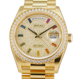 36mm President 18k Yellow Gold Diamond Bezel Diamond Pavé Rainbow Dial