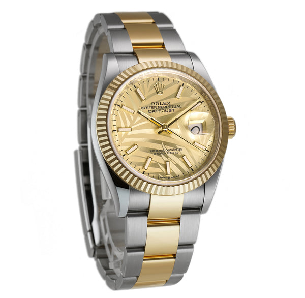 Rolex Datejust 36, 18K Yellow Gold and Stainless Steel, 36mm, Golden, Palm Motif Dial, Ref#126233-0037