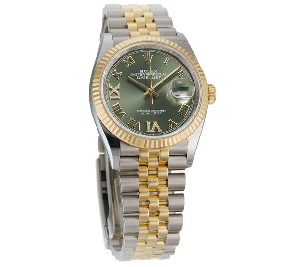 Rolex Datejust 36mm Stainless Steel and Yellow Gold 126233 Olive Green VI IX Roman Oyster