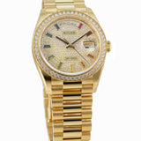 36mm President 18k Yellow Gold Diamond Bezel Diamond Pavé Rainbow Dial