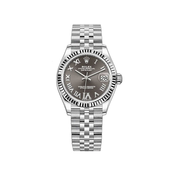 Rolex Datejust 31 Steel and 18k Fluted Bezel Dark Grey Roman