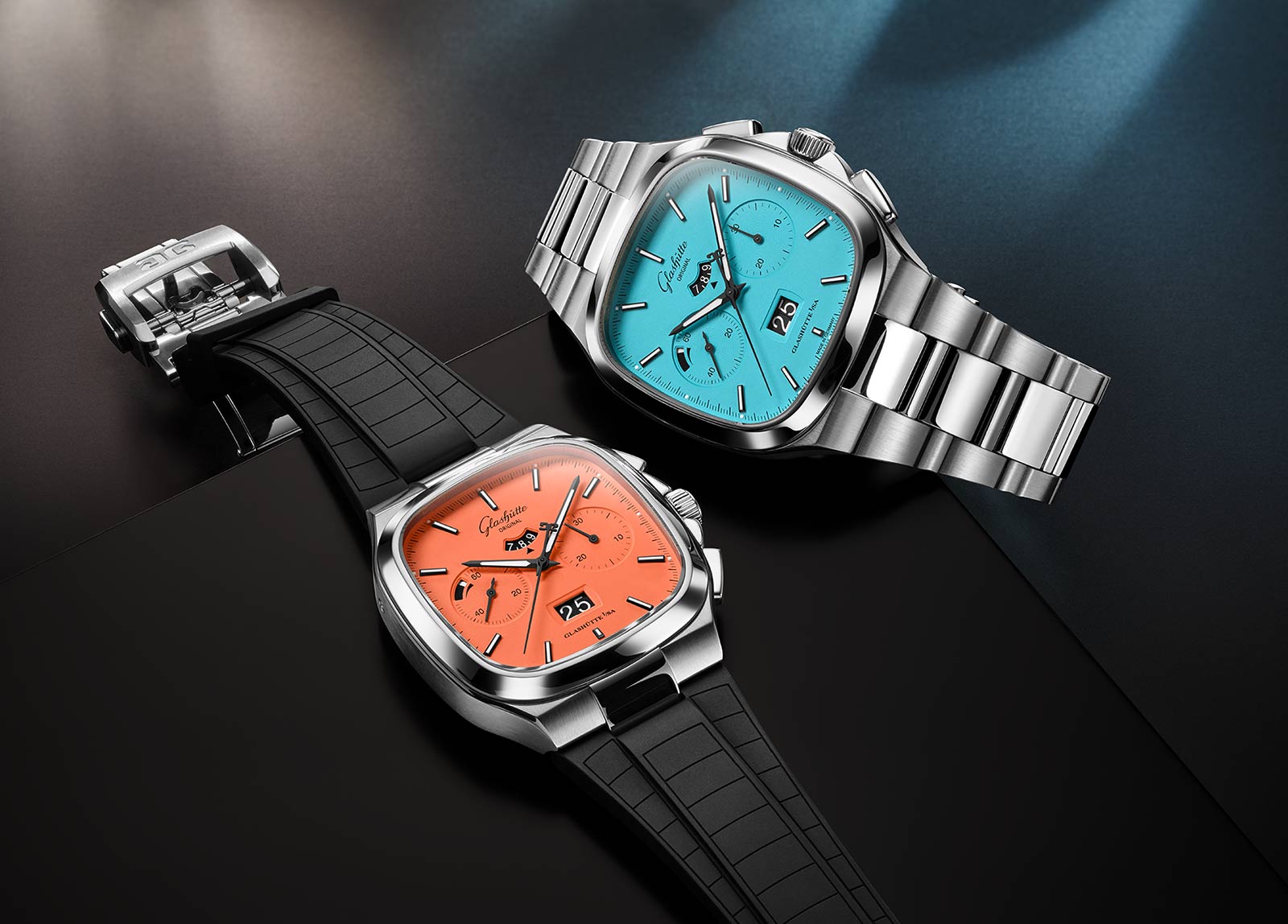 Glashütte Original Seventies Chronograph Panorama Date in Blue & Orange