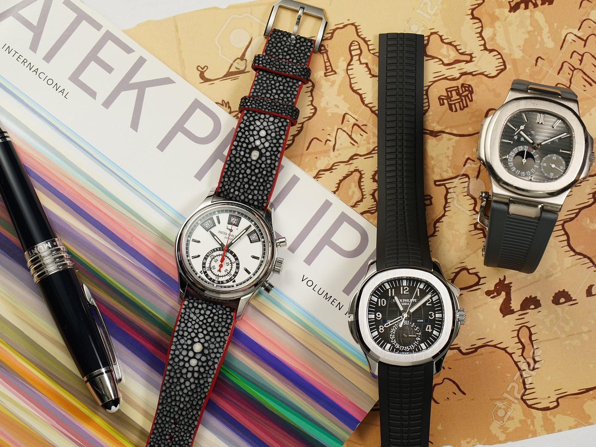 assortment of patek philippe watches, nautilus, aquanaut, calatrava, twenty4