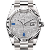 40mm 18k White Gold President Pave Diamond Baguette Sapphire Dial