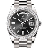 40mm 18k White Gold President Diamond Bezel Black Baguette Diamond Dial