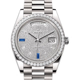 40mm 18k White Gold President Diamond Bezel Pave Diamond Baguette Sapphire Dial