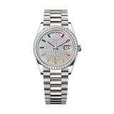 36mm 18k White Gold President Diamond Bezel Pavé Diamond Rainbow Dial