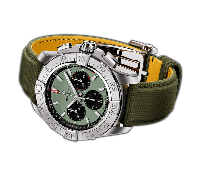 44mm B01 Chronograph Steel Green Dial Leather Strap