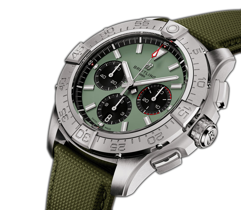 44mm B01 Chronograph Steel Green Dial Leather Strap