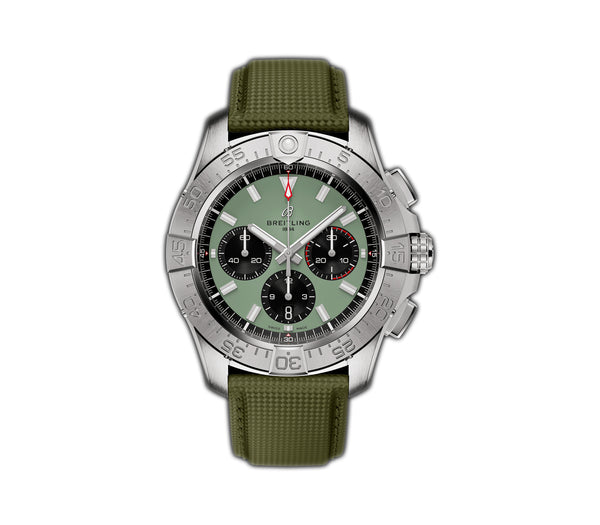 44mm B01 Chronograph Steel Green Dial Leather Strap