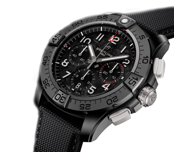 44mm B01 Night Mission Chronograph Black Dial Leather Strap