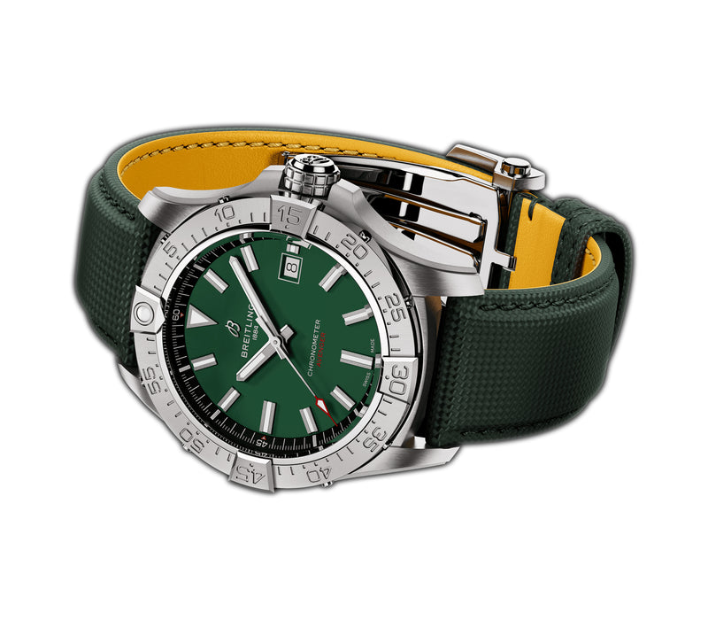 42mm Stainless Steel Green Dial Leather Strap