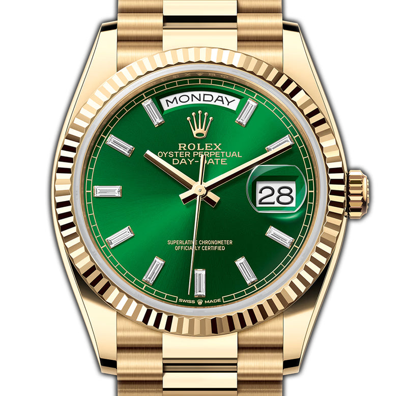 36mm President 18k Yellow Gold Green Baguette Diamond Dial