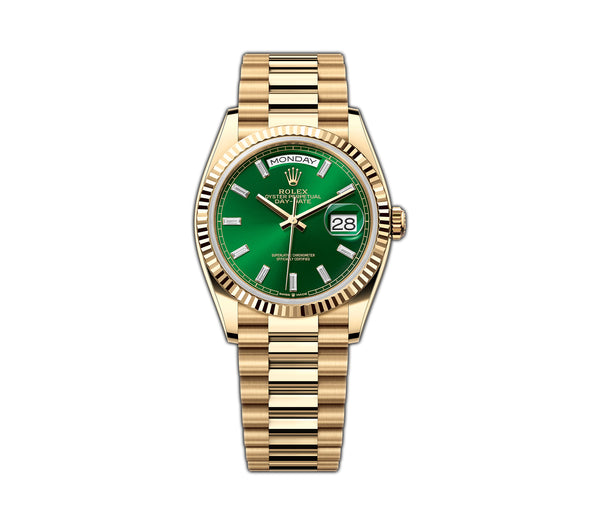 36mm President 18k Yellow Gold Green Baguette Diamond Dial