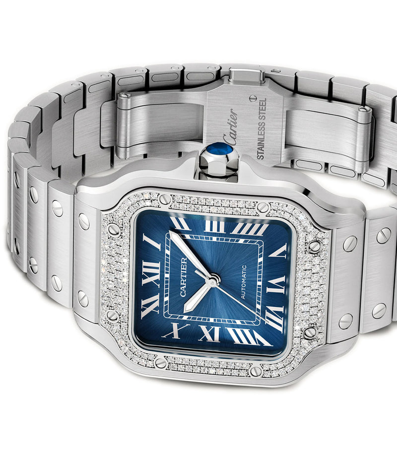 35mm Medium Diamond Bezel Blue Roman Dial Stainless Steel Bracelet