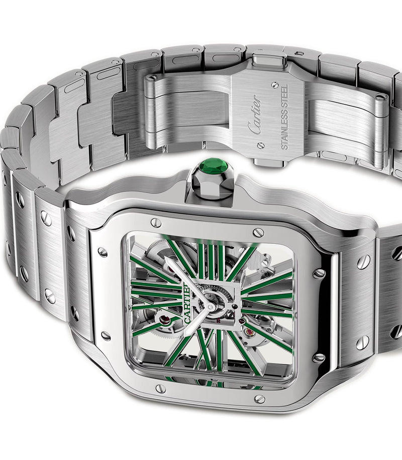 40mm Large Green Skeleton Dial Stainless Steel Bracelet Manual