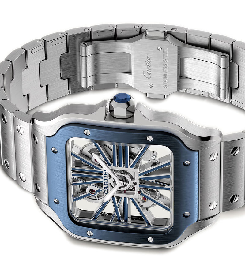 40mm Large Blue Skeleton Dial Stainless Steel Bracelet Manual