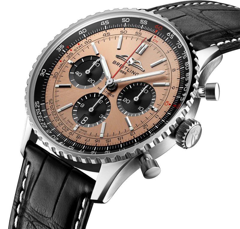 43mm B01 Chronograph Steel Copper Dial Leather Strap