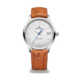 36mm Classic Stainless Steel Date Silver Dial Brown Strap
