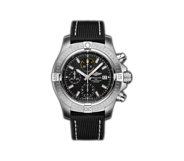 45mm Chronograph Steel Black Dial Leather Strap on Tang
