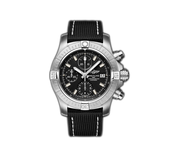 43mm Steel Chronograph Black Dial Leather Strap on Tang