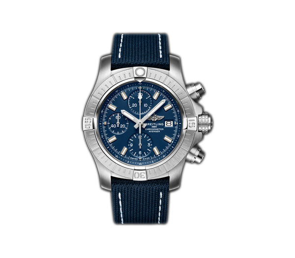 43mm Chronograph Steel Blue Dial Leather Strap on Tang Buckle