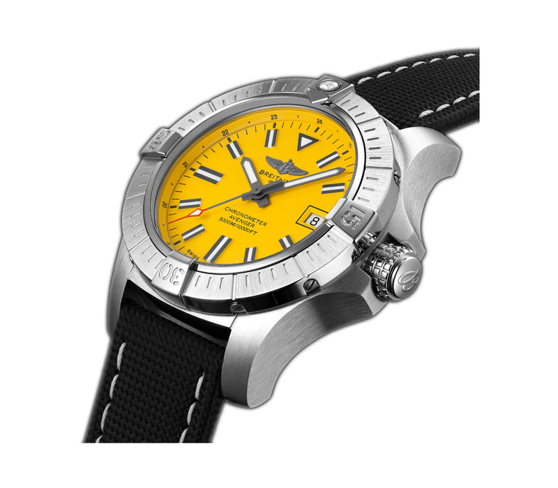 45mm Automatic Seawolf Steel Yellow Dial Leather Strap on Deployment