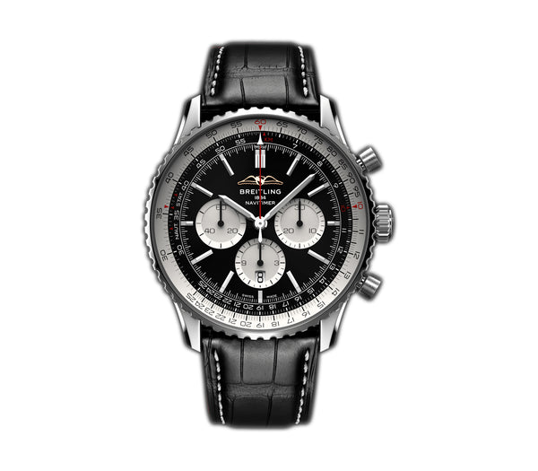 46mm B01 Chronograph Steel Black Dial Leather Strap