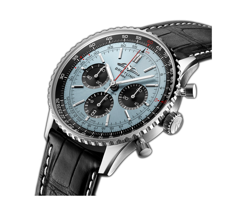 43mm B01 Chronograph Steel Ice Blue Dial Leather Strap