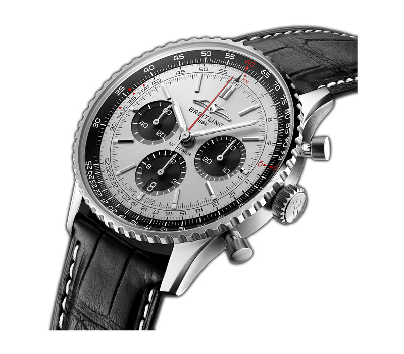 43mm B01 Chronograph Steel Silver Dial Leather Strap