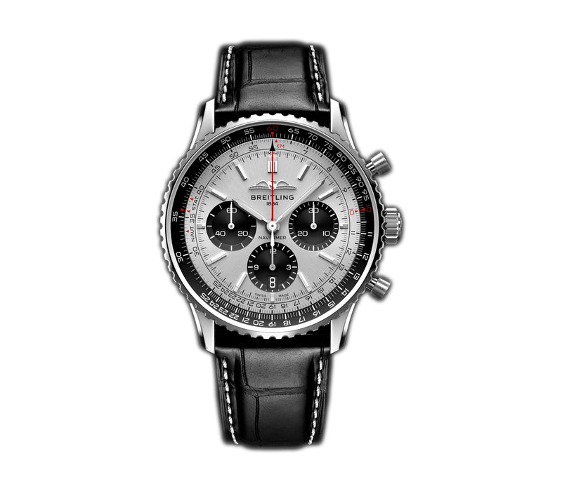 43mm B01 Chronograph Steel Silver Dial Leather Strap