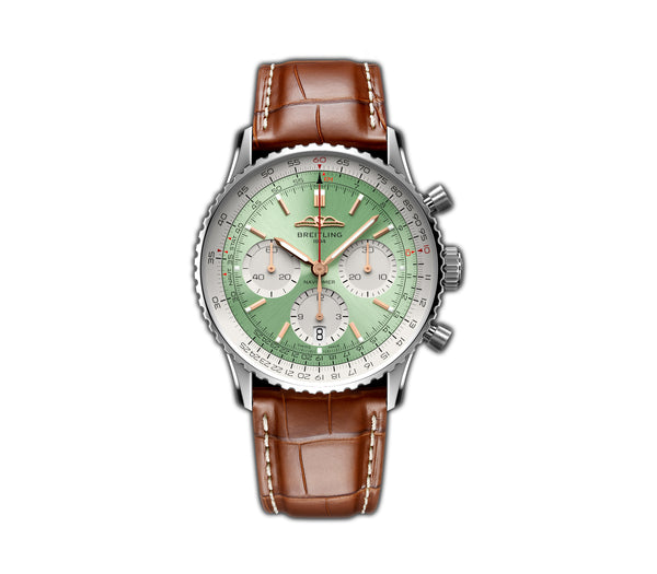 41mm B01 Chronograph Steel Mint Light Green Dial on Leather Strap