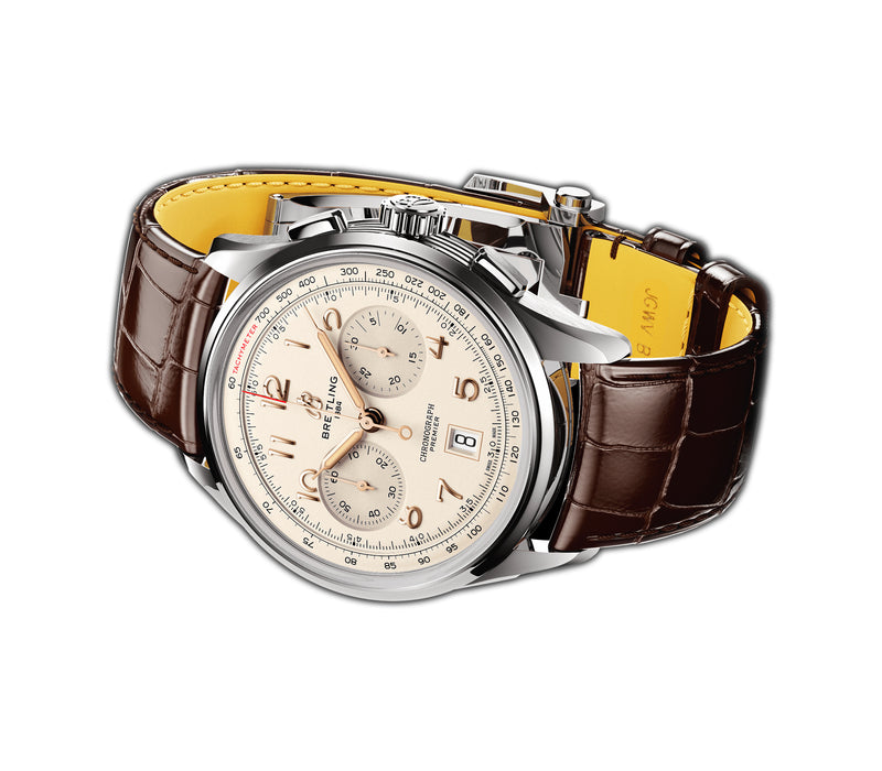 42mm B01 Stainless Steel Chronograph Cream Dial Glossy Leather Strap