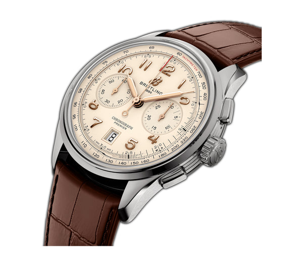 42mm B01 Stainless Steel Chronograph Cream Dial Matte Leather Strap