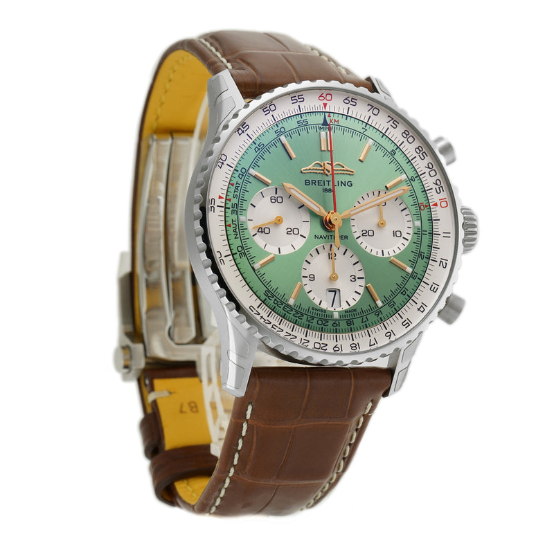 41mm B01 Chronograph Steel Mint Light Green Dial on Leather Strap