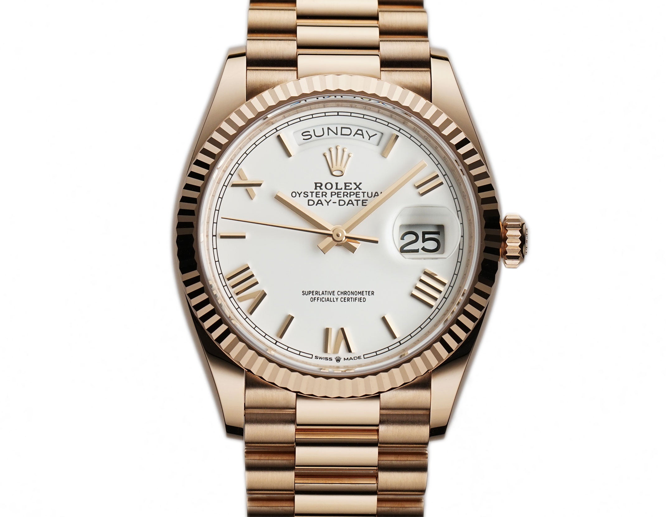 Rolex Day-Date 36mm 18k Everose Gold President White Roman Dial