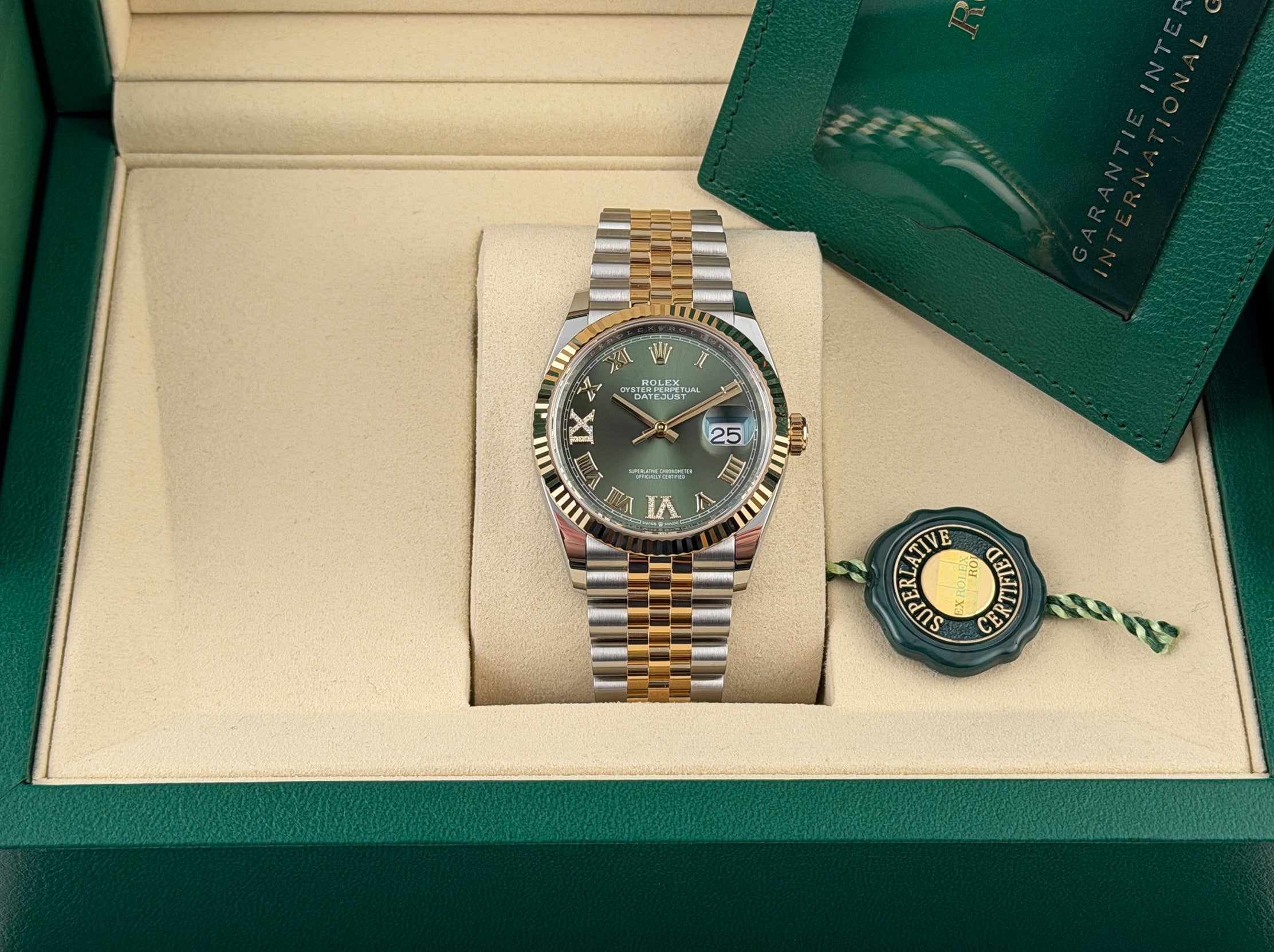 Rolex Datejust 36mm Steel & YG Olive Green Diamond Dial Jubilee