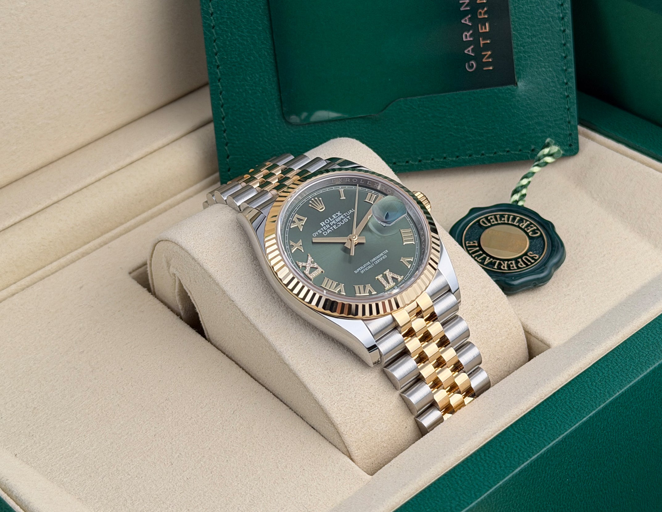 Rolex Datejust 36mm Steel & YG Olive Green Diamond Dial Jubilee