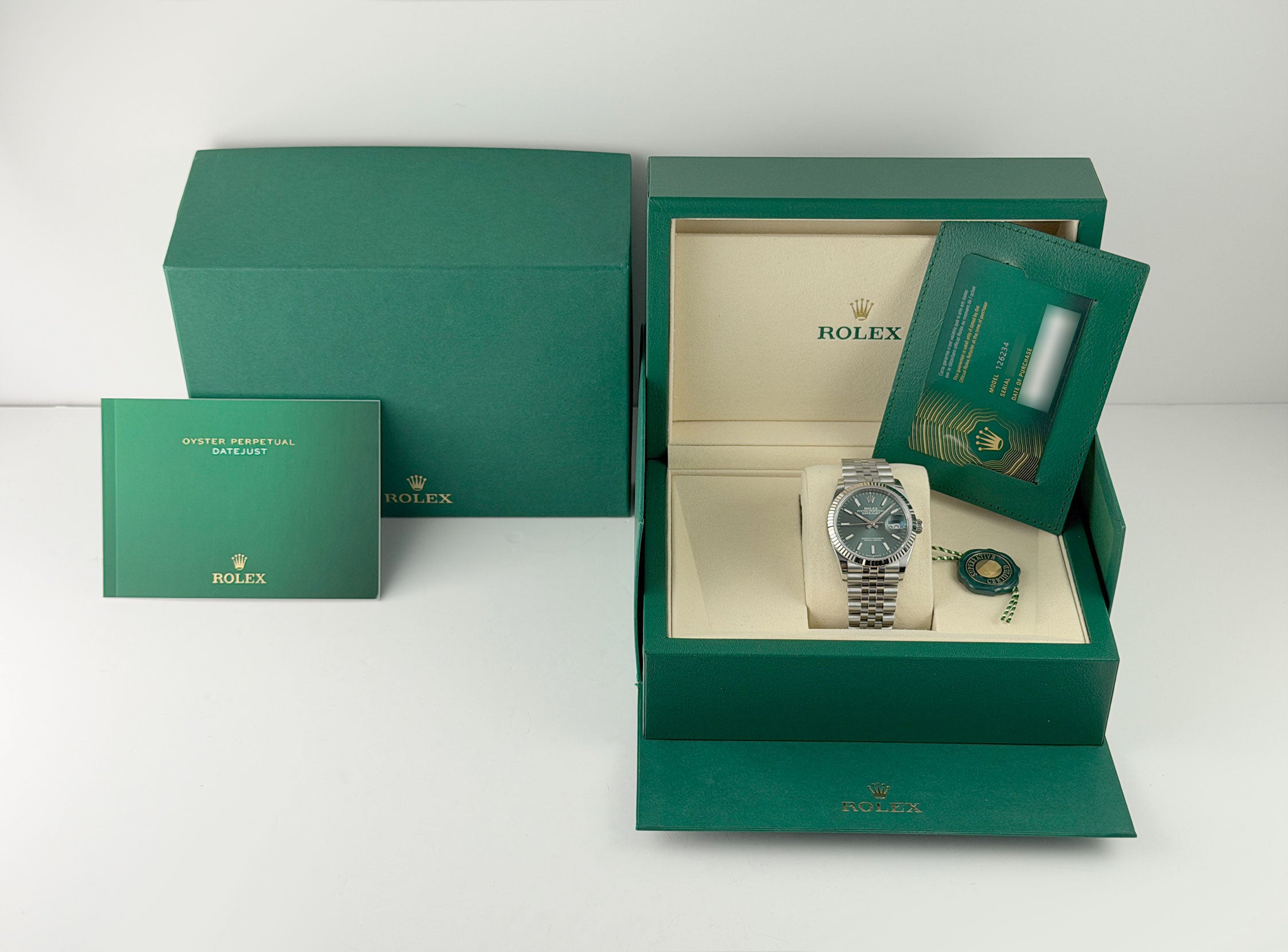 Rolex DJ 36 Steel Mint Green Index 18k Fluted Bezel Jubilee 126234