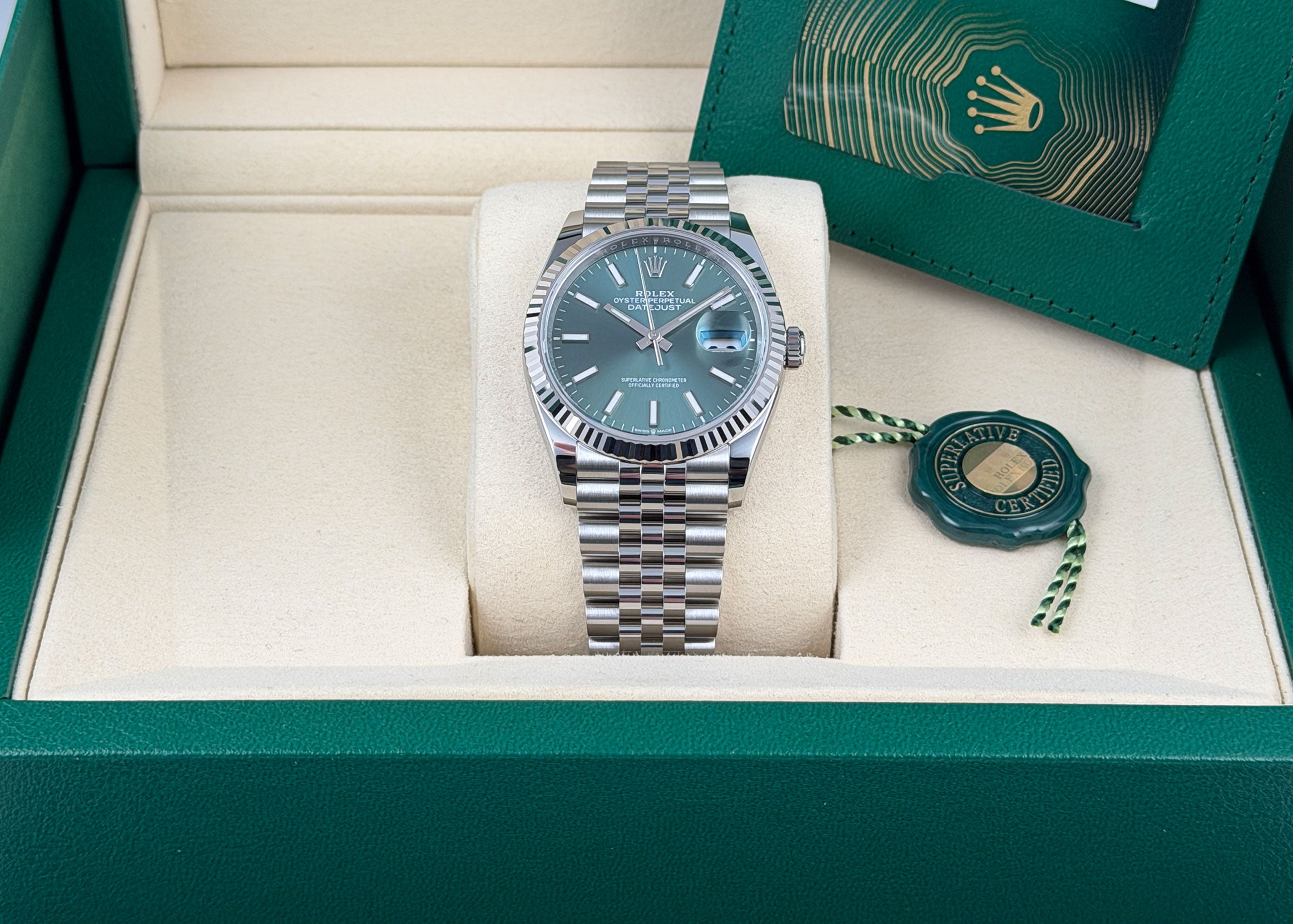 Rolex DJ 36 Steel Mint Green Index 18k Fluted Bezel Jubilee 126234