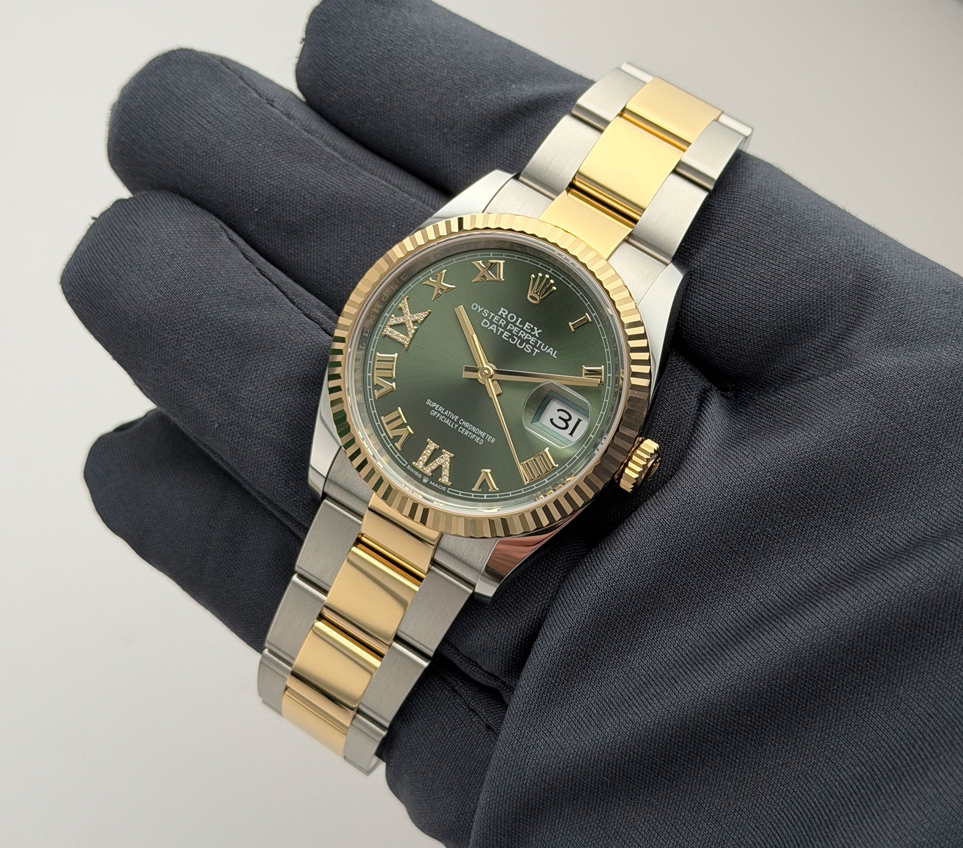 Rolex Datejust 36 Steel and 18k YG Olive Green Diamond Dial 126233
